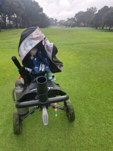 Golf trolley loaded and ready on the course at Rondebosch Golf Club